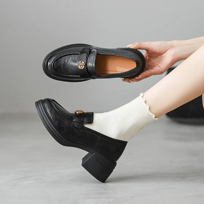 超软小羊皮黑色山茶花乐福鞋2025新款英伦风厚底高跟一脚蹬单鞋女