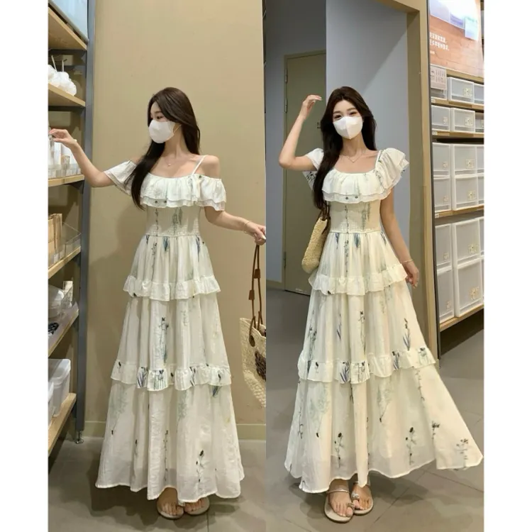 大码夏季法式一字肩碎花吊带裙甜美清纯高腰露肩连衣裙温柔感长裙