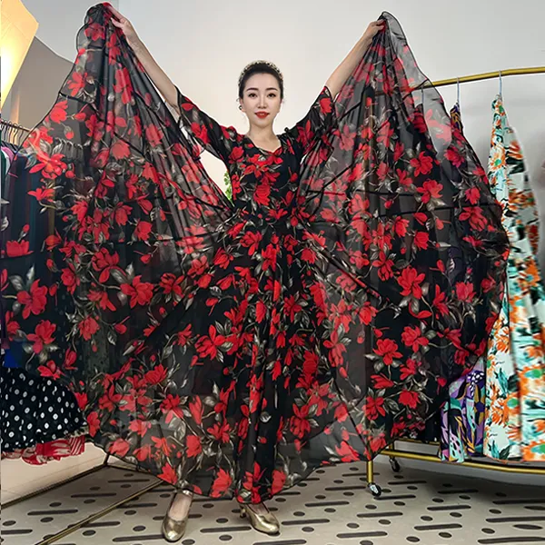 红韵霓裳-人丝混纺轻奢印花法式收腰连衣裙/大摆带内衬