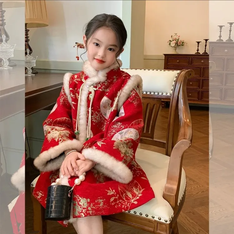 【岁岁平安】女童国风拜年服连衣裙冬装2024新款女孩新中式加绒马甲