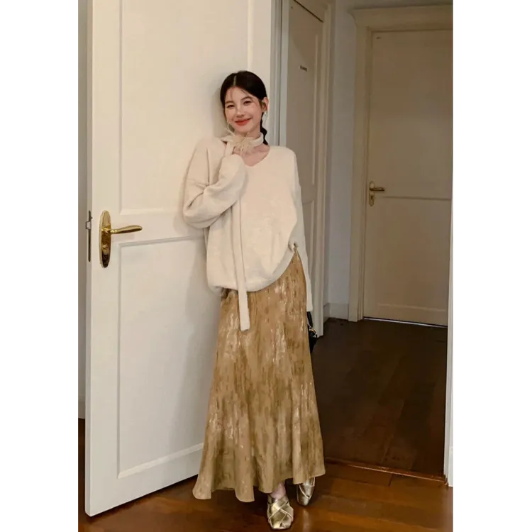 韩系氛围感毛毛飘带针织衫上衣扎染鱼尾收腰显瘦半身裙套装24957