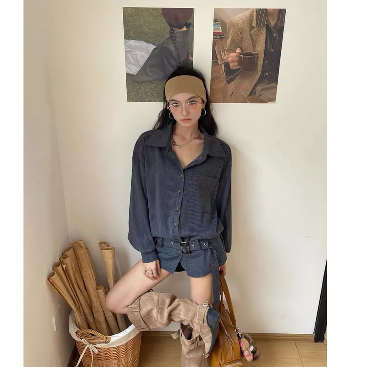 中古解构腰带条纹设计感衬衫上衣痞帅炸街风女装Q 9098#早秋穿搭