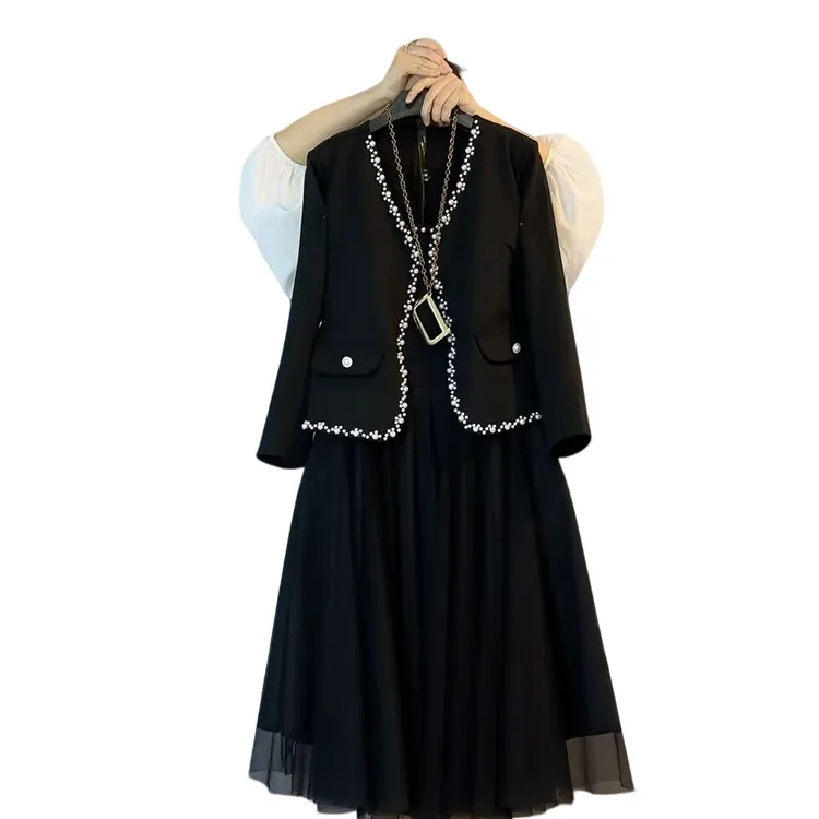 大维罗依HX 欧货秋款钉珠气质西服打底纱裙两件套