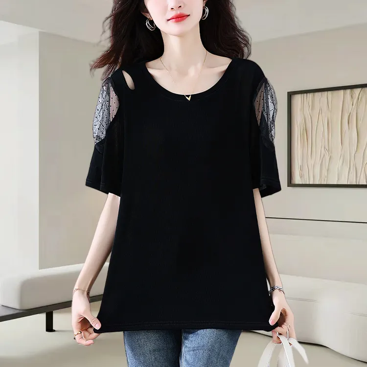 黑色短袖t恤女士2025夏季新款洋气减龄宽松显瘦时尚网纱小衫上衣
