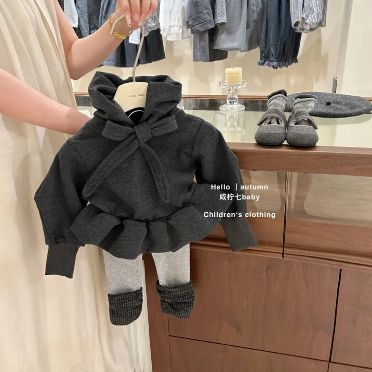 女童卫衣套装2025秋季新款设计女孩花边长袖连帽卫衣打底裤两件套