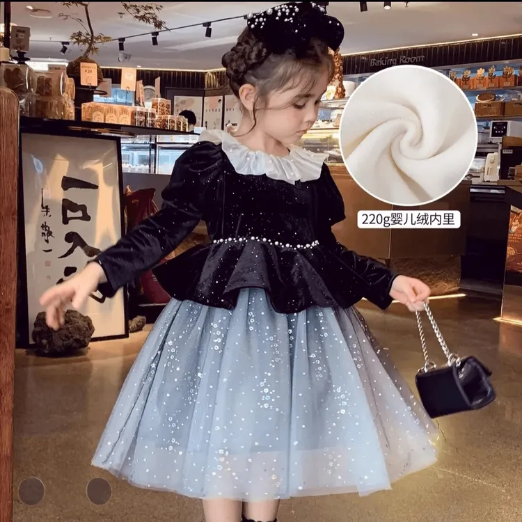 女童连衣裙加绒长袖秋冬2025新款小女孩丝绒拼接网纱公主蓬蓬裙子