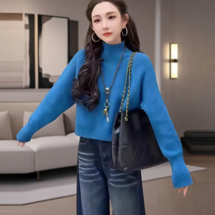慵懒松弛风高领正肩收腰短款毛衣女秋冬季新款时髦通勤百搭针织衫