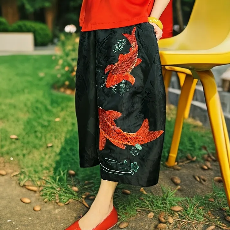 9037【潮妈家】爆款大码宽松春夏春游新中式轻奢提花刺绣锦鲤裙裤