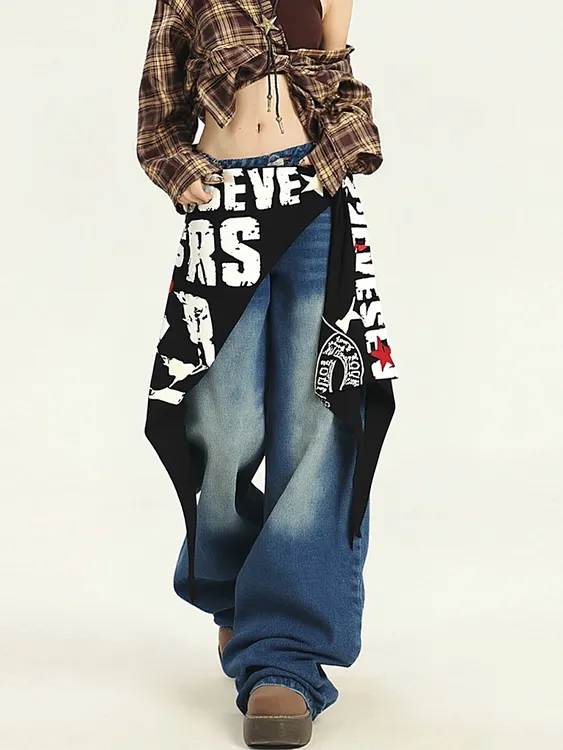 屁帘男女美式复古星星字母印花绑带爵士舞叠穿腰封裙摆不规则方巾