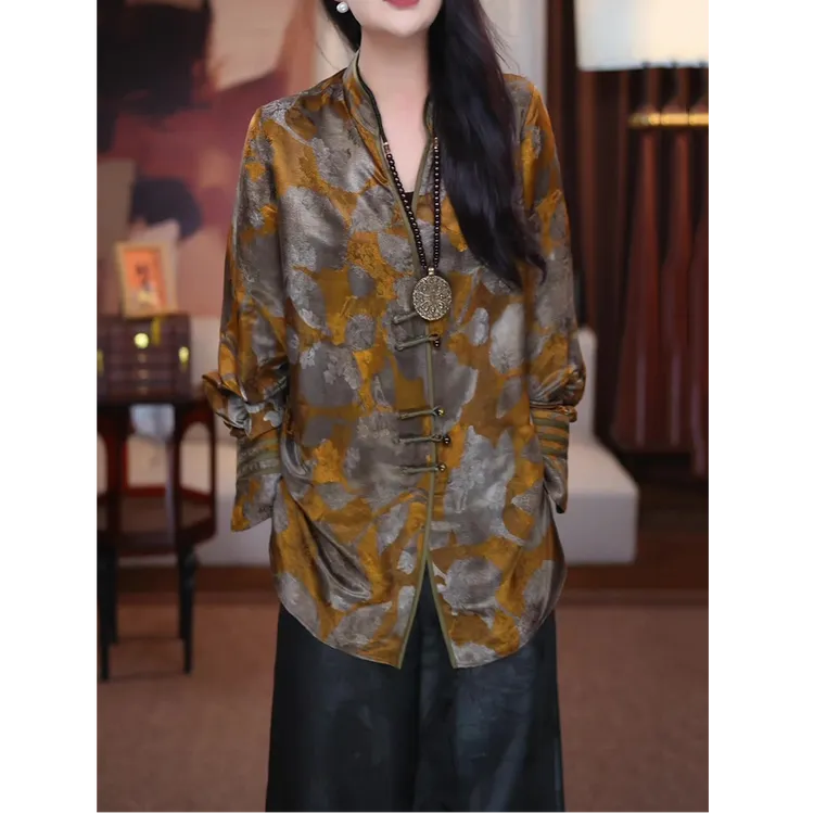 新中式时尚长袖衬衫女2025秋季新款优雅气质宽松显瘦高贵提花衬衣