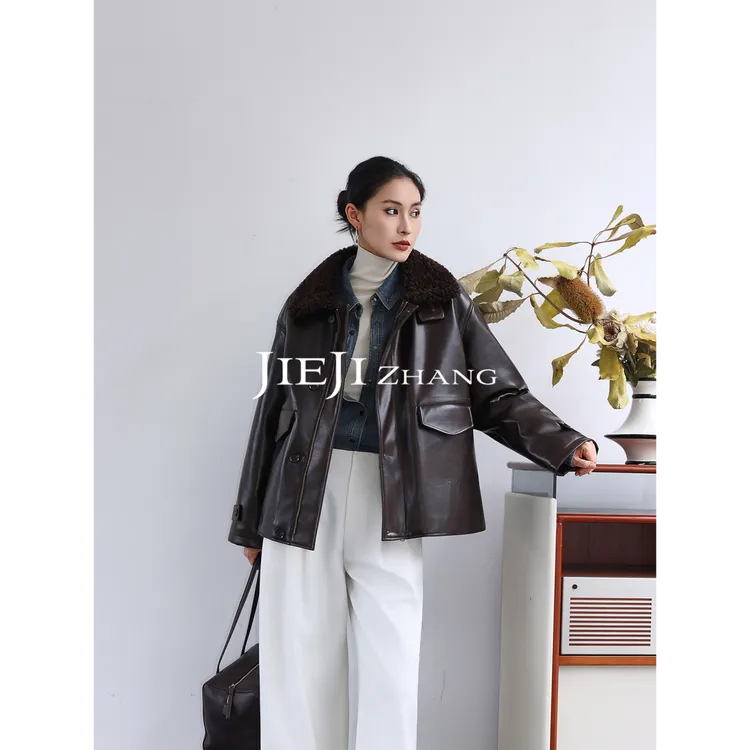 【JIEJI ZHANG】羊毛高级定制秋冬时尚百搭皮质棉服351419
