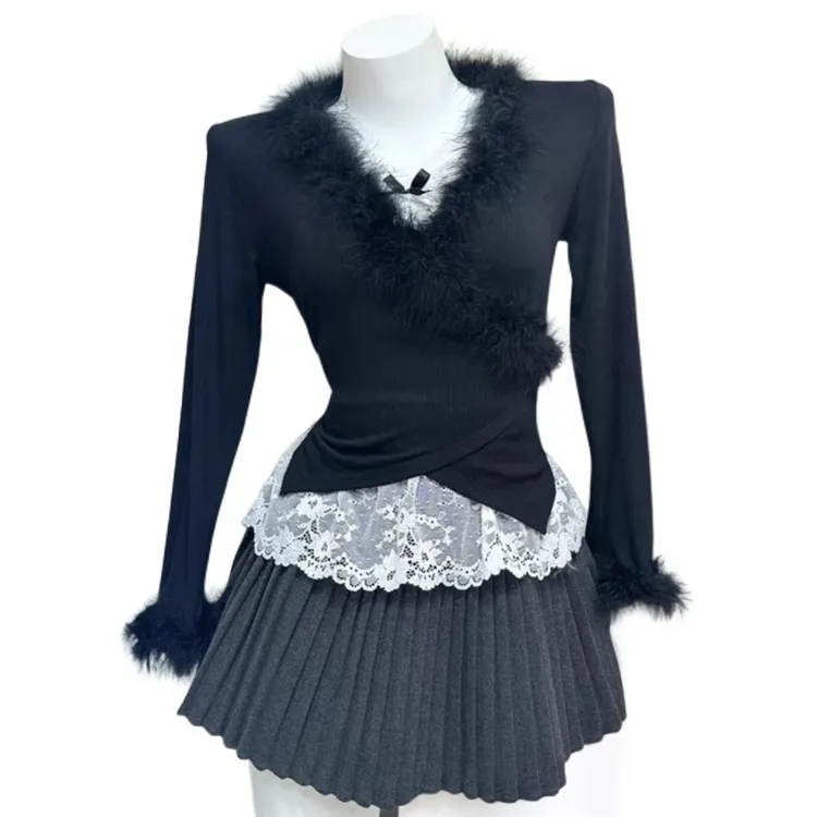 千金小香风2025秋冬新款蕾丝内搭吊带长袖毛毛开衫上衣叠穿三件套