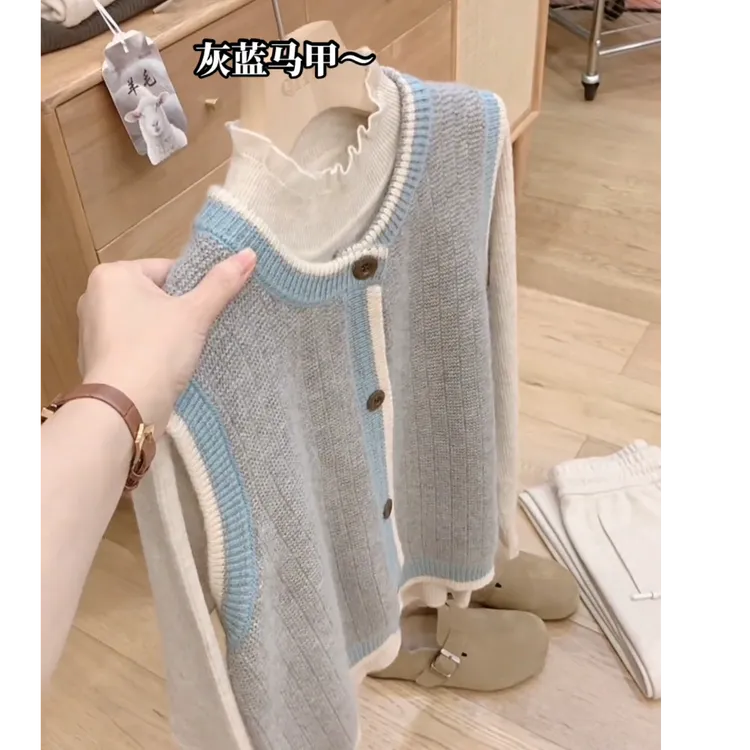 设计感小众撞色针织马甲开衫女秋冬新款2025爆款减龄百搭坎肩上衣