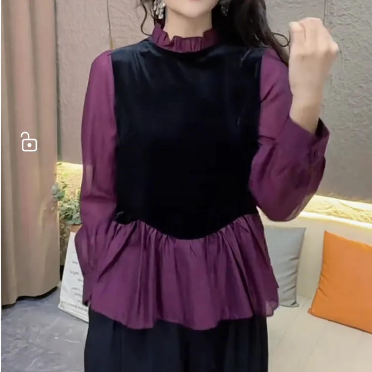 老钱风假两件金丝绒衬衫女士秋新款时尚洋气修身显瘦收腰裙摆上衣
