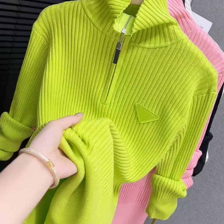 设计感半拉链高领三角标毛衣女2025早秋新款糖果色软糯针织上衣潮
