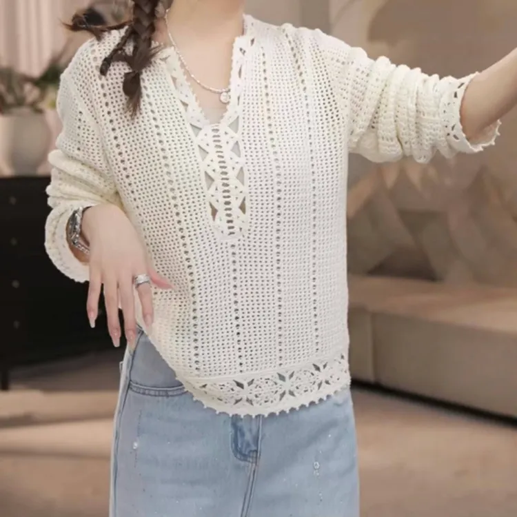 镂空针织衫上衣2025新款春夏设计感重工V领透视感显瘦性感纯欲风