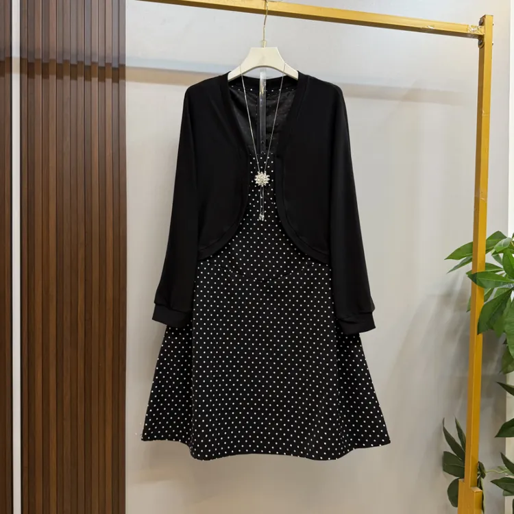 早秋新款大码女装时尚洋气圆点连衣裙开衫外搭两件套套装