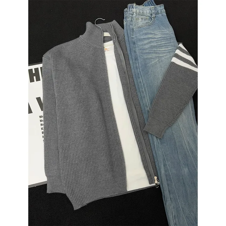 vintage开衫毛衣男女同款秋季慵懒风高级感纯色立领针织卫衣外套