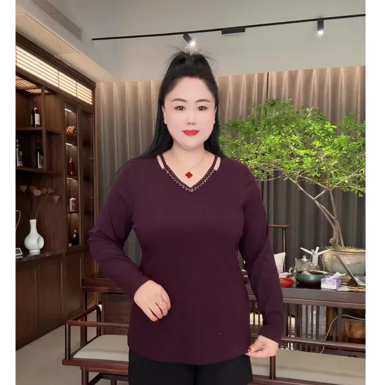 2025新款时尚洋气V领串珠设计感净版纯色加厚百搭T恤