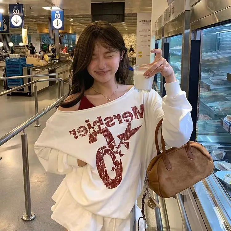 美式复古字母印花斜肩长袖T恤女早秋新款辣妹宽松薄款卫衣上衣