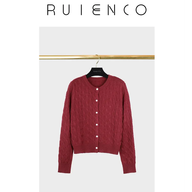 RuienCo.红磨坊 老钱风绵羊毛金银丝复古绞花肌理针织开衫外套