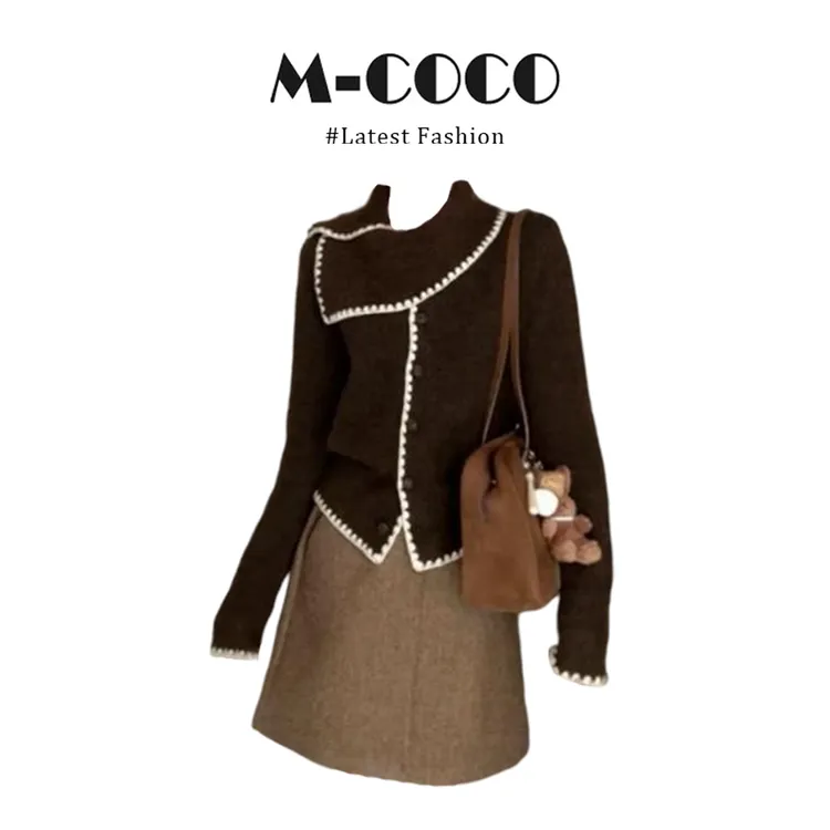 MARIE.COCO复古咖色撞色围巾领长袖毛衣外套女冬季新款包臀半身裙