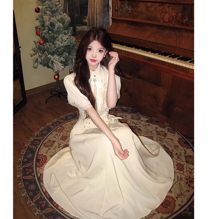 白茶云间 原创设计法式复古夏气质收腰蕾丝连衣长裙