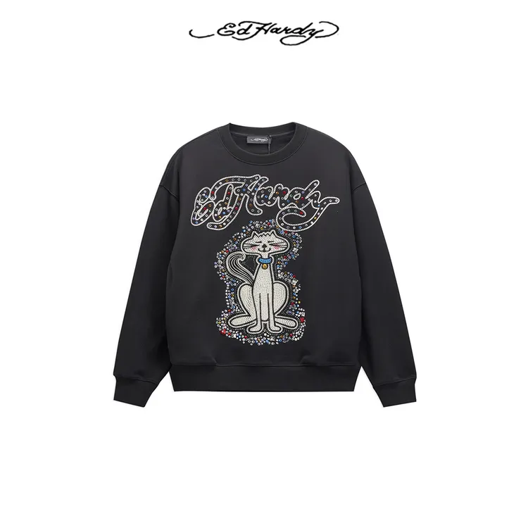 Ed Hardy/埃德哈迪2025新款男女款小猫烫钻宽松套头卫衣E1QCW444