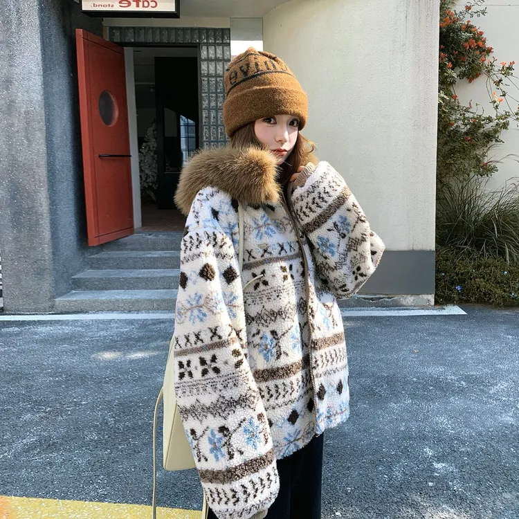 巨好看慵懒风费尔岛撞色花纹羊羔毛外套女2025冬新款加厚毛领棉服