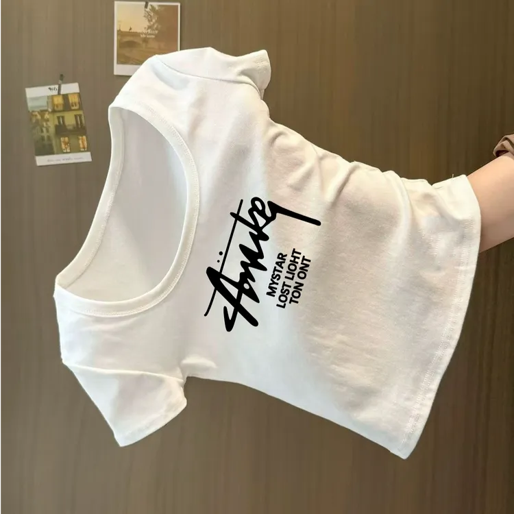 白色U领正肩T恤女夏季修身方领法式小衫短款上衣女辣妹露锁骨短袖