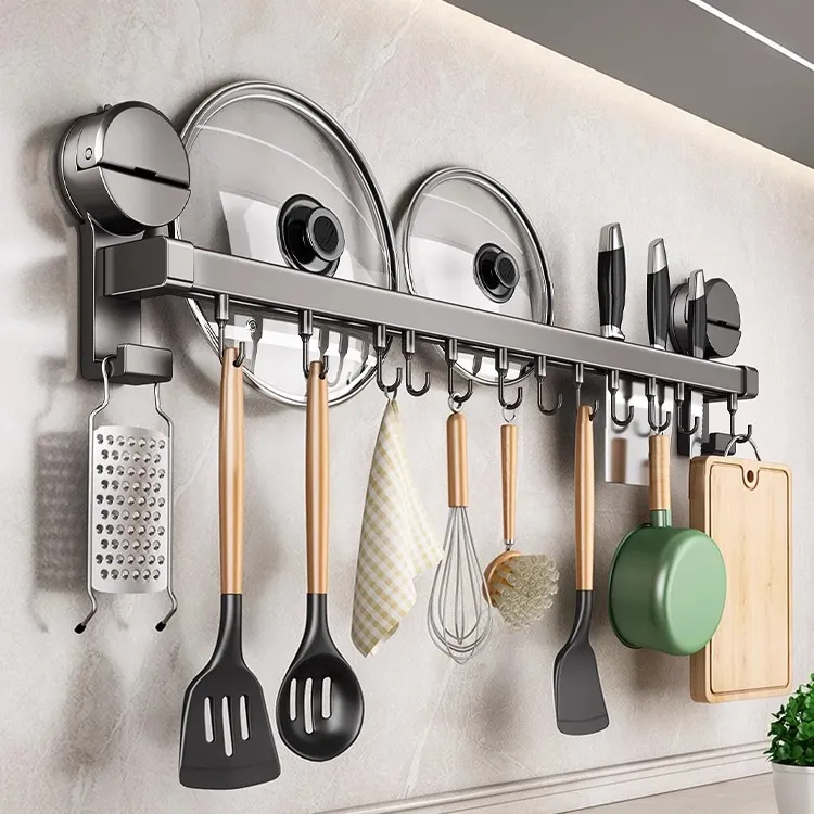 优勤吸盘厨房挂钩多功能置物架免打孔挂杆锅盖勺子铲子刀架收纳架
