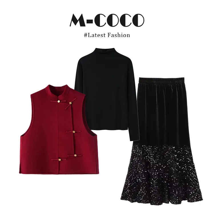 INS CEC圣诞新年战袍新中式红色马甲打底上衣半身裙三件套装潮