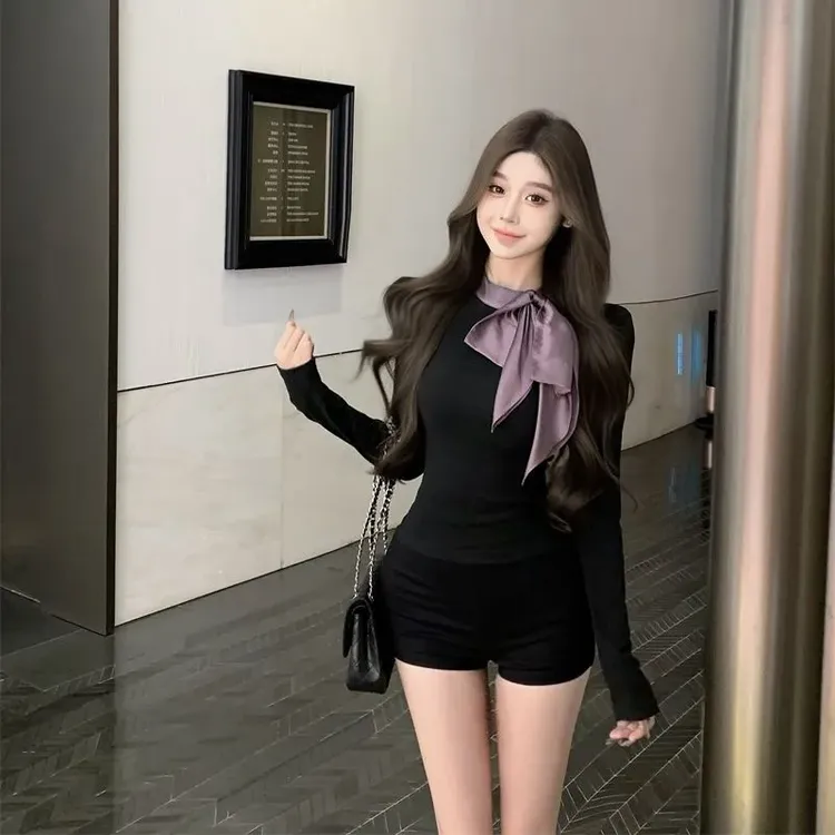 绝美温柔紫色大蝴蝶结长袖德绒上衣秋冬法式小香风气质显瘦打底衫