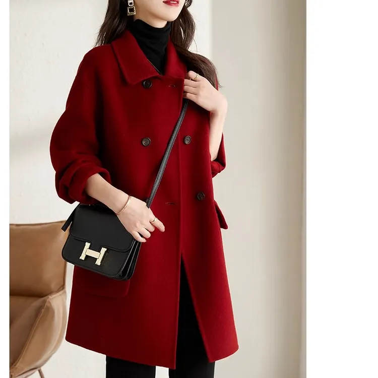 大码红色本命年毛呢外套女2025秋冬新款爆款胖mm中长款时尚呢大衣