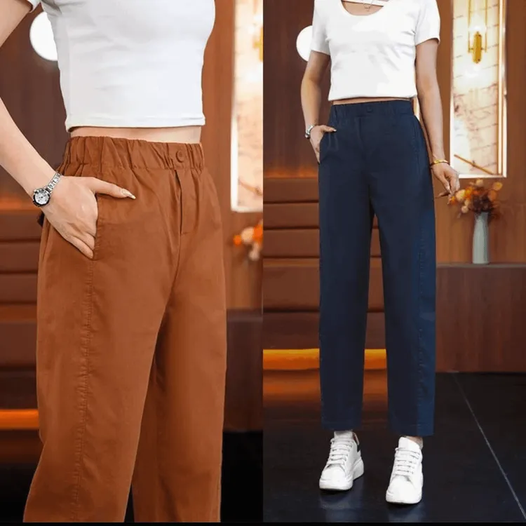2025夏季高腰八分哈伦裤休闲裤薄款直筒裤松紧腰宽松显瘦弹力外穿