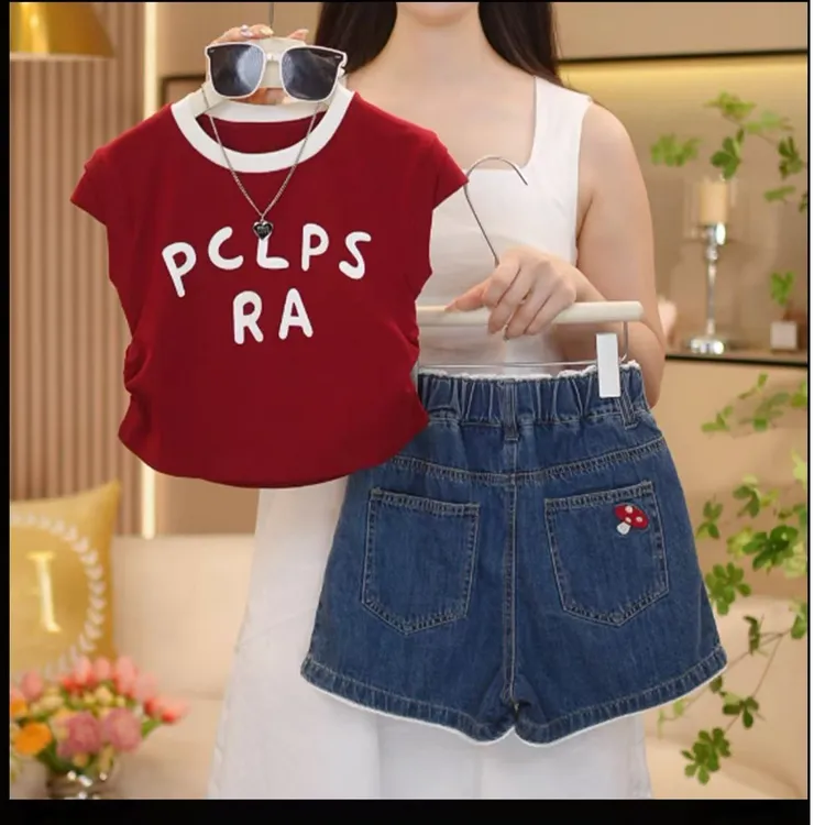 女童2025夏季新款时尚字母背心红上衣牛仔短裤套装洋气