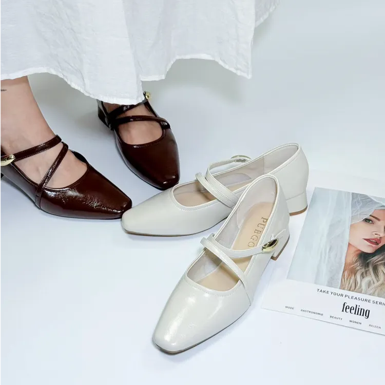 PUBGO/千喜步步高夏季单鞋复古百搭时尚浅口粗跟玛丽珍鞋鞋子