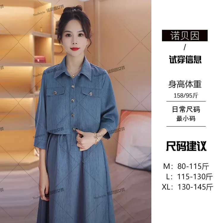 nuobeiyin/诺贝因春季高级感收腰显瘦假两件翻领连衣裙NNBY660520