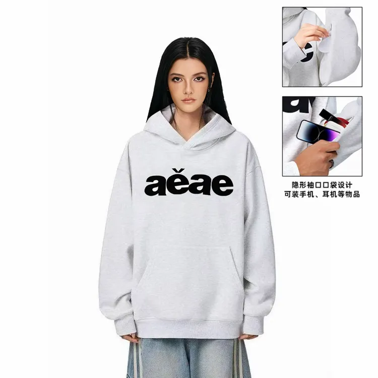 billkong【加绒重磅】印花连帽隐藏袖口袋拉链男女情侣袖袋卫衣