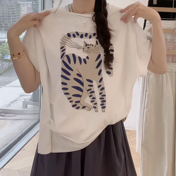 雪花棉~超透气新款短宽松打褶卡通图案女士休闲韩版短袖