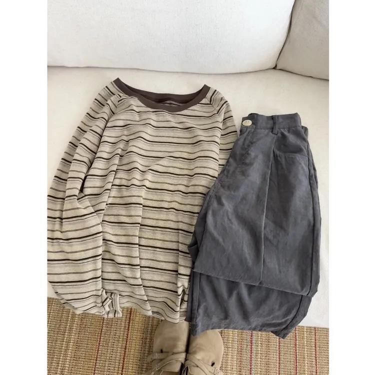 慵懒风条纹长袖T恤衫女2025早秋新款复古百搭插肩袖上衣女