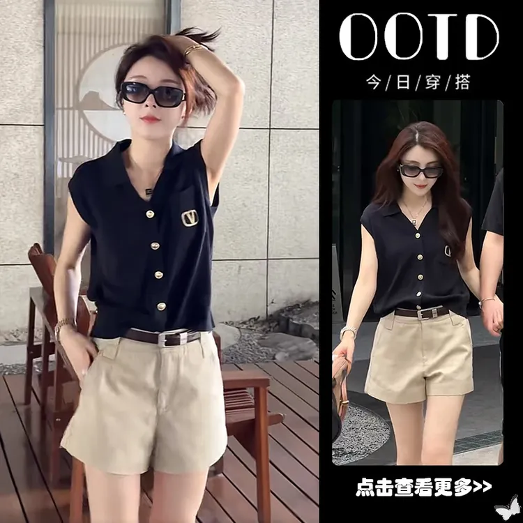 【现货】超火穿搭一整套女2025新款黑色V领针织开衫高腰短裤两件套