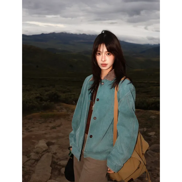 MARIE.COCO美式复古撞色polo领夹克外套女宽松休闲百搭阔腿裤套装