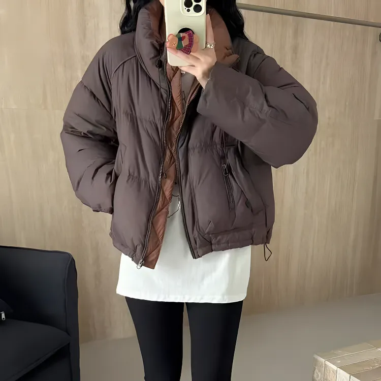2025冬季鸭绒韩版立领时尚拼色加厚短款羽绒服女外套
