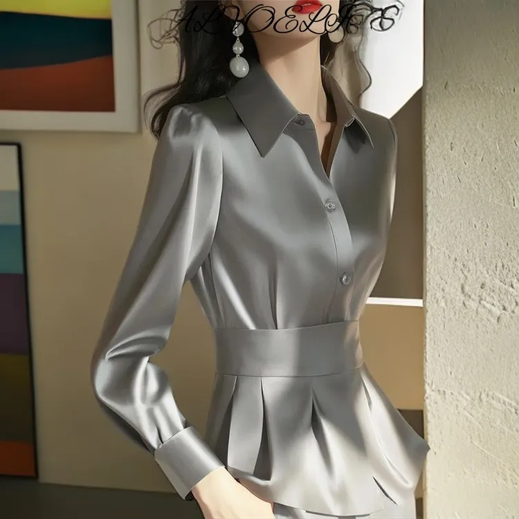 VALVOELITE爆款漂亮轻奢减龄洋气设计感醋酸缎面灰色掐腰衬衫女