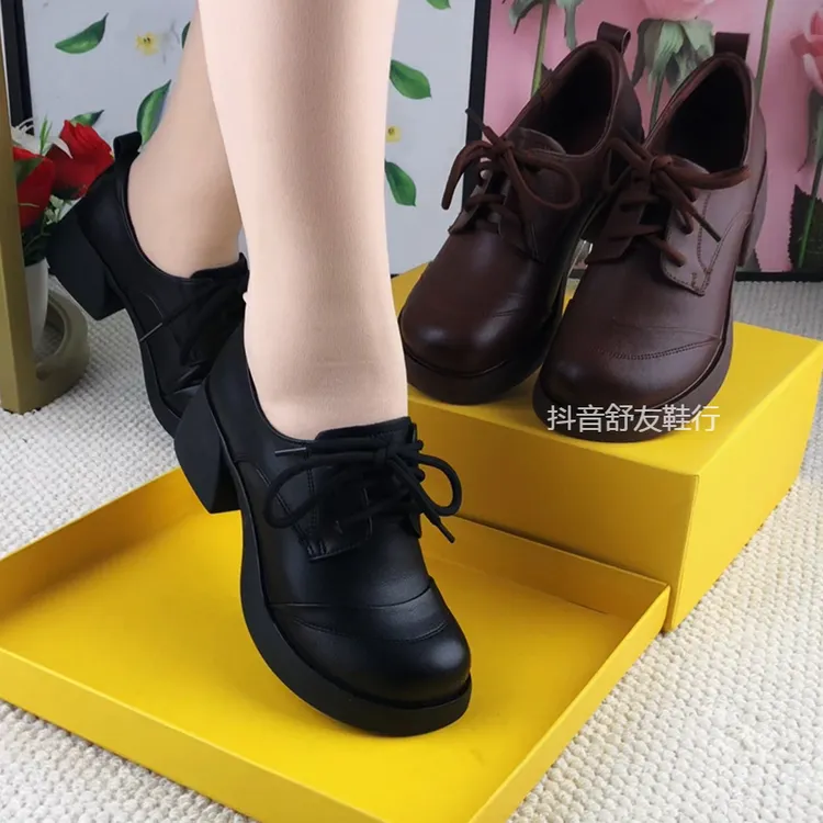 牛皮乐福鞋女2025春季新款真皮粗跟低跟女鞋妈妈鞋系带百搭单鞋子