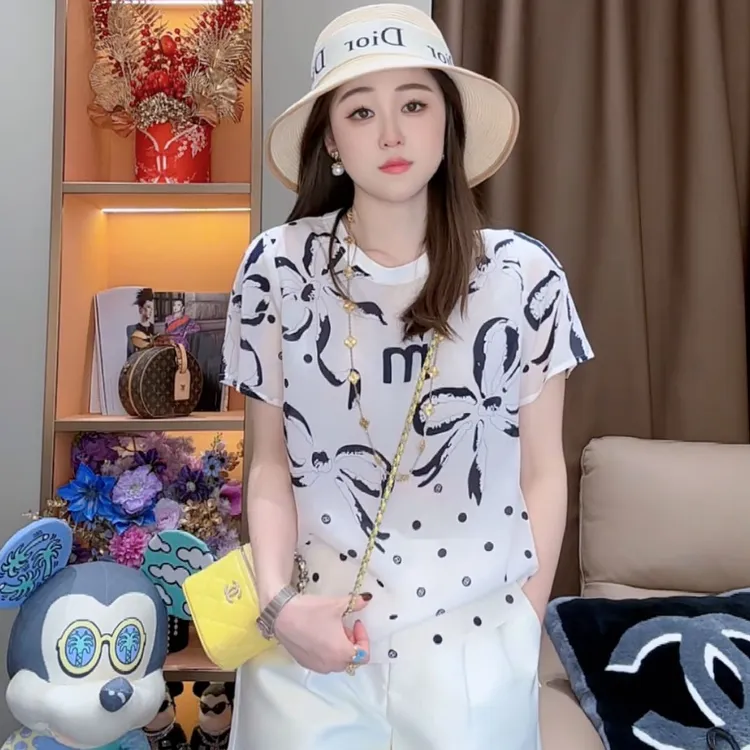 【丝芙玉禄】（F742）100真丝双绉显瘦白色波点夏季气质桑蚕丝t恤上衣