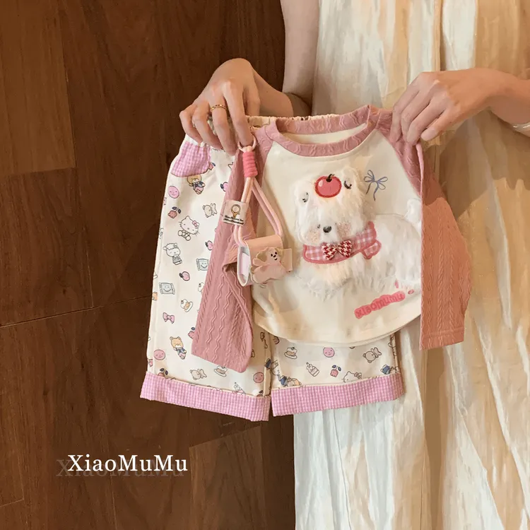 女童春秋季可爱卡通套装女孩撞色小狗长袖上衣宝宝KT猫咪宽松裤子