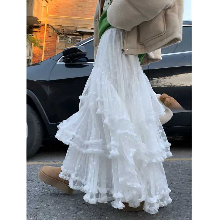 冬季新款高级感高腰显瘦蛋糕半身裙女重工拼接蕾丝木耳边长裙