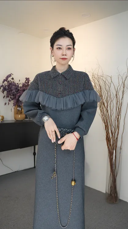 瑟伦莎【舒奇雅】冬季气质时尚轻奢灰色双拼显瘦长裙连衣裙6885